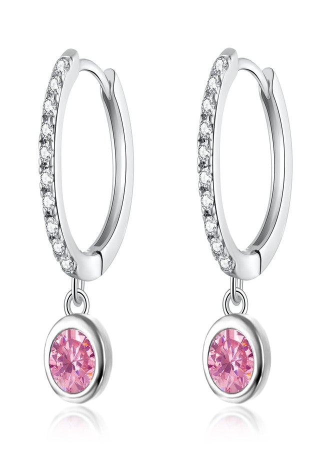 CiNily Small Dangle Hoop Earrings for Women,14K White Gold Plated Mini Huggie Hoop Earrings Hypoallergenic Cute Pink Cubic Zirconia Hoops Dainty Diamond Drop Earrings Jewelry - Image 1
