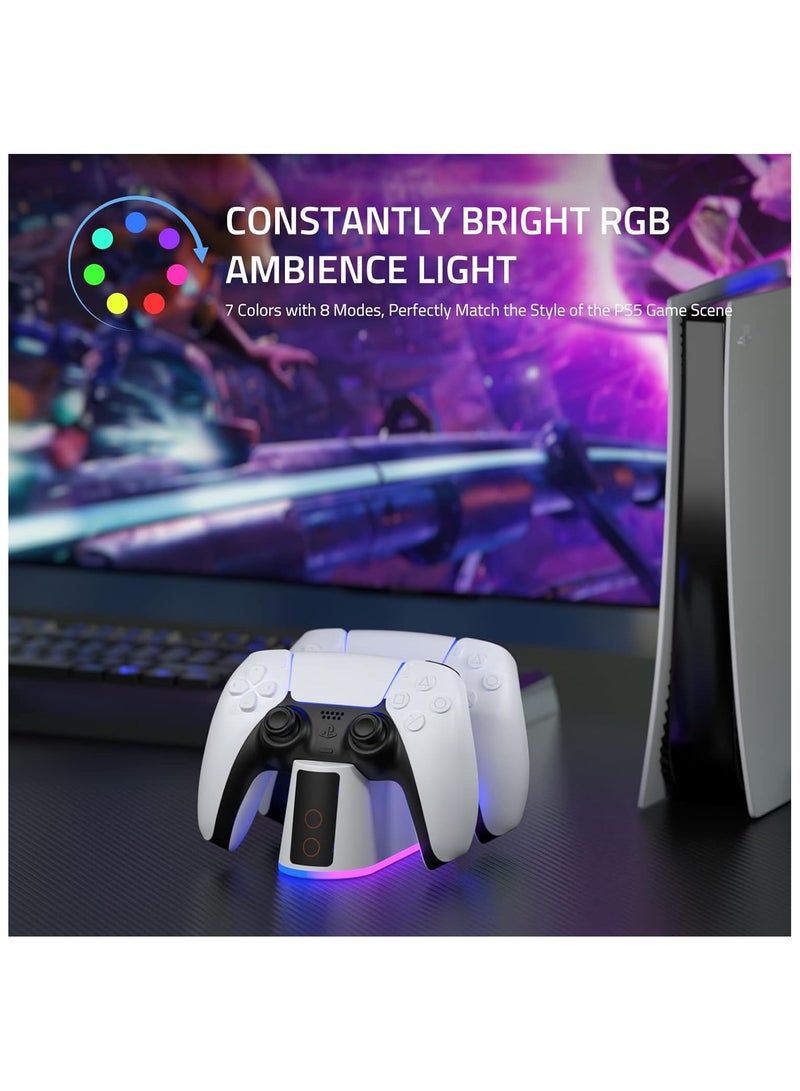 محطة شحن وحدة تحكم PS5 - محطة شحن لوحدة تحكم PlayStation 5 Dualsense/Edge مع إضاءة LED RGB وقاعدة شحن سريعة وحامل لجهاز التحكم عن بعد PS5/Slim/Pro - Image 2