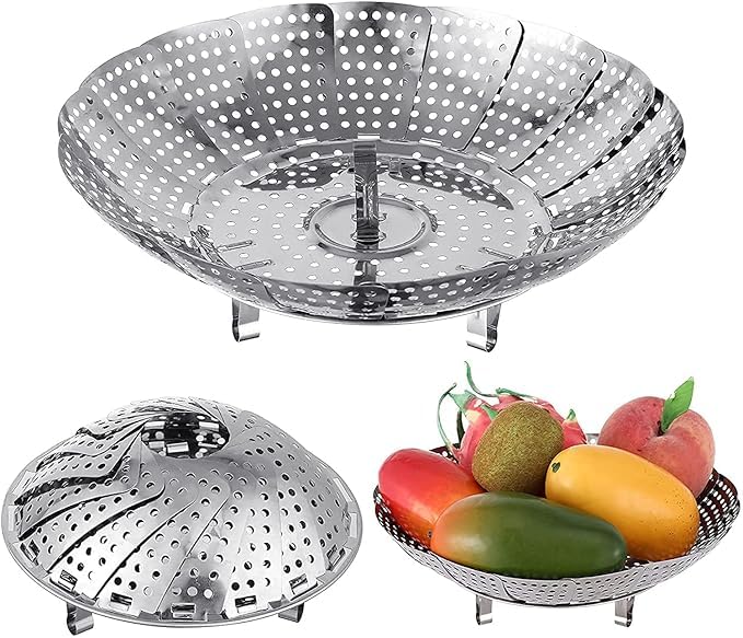 KERFORA Stainless Steel Steamer Retractable Metallic Stainless Steel Steamer Basket for VegetableInsert for Pots Pans Foldable Multipurpose Fruit Bowl Steamer SILVER 23 CM - Image 1