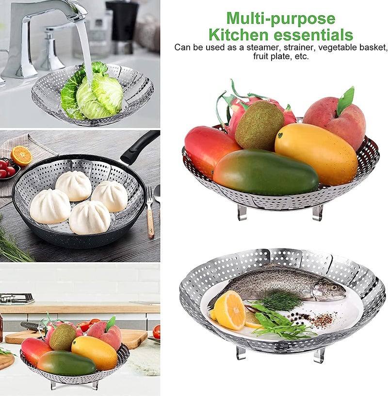 KERFORA Stainless Steel Steamer Retractable Metallic Stainless Steel Steamer Basket for VegetableInsert for Pots Pans Foldable Multipurpose Fruit Bowl Steamer SILVER 23 CM - Image 4