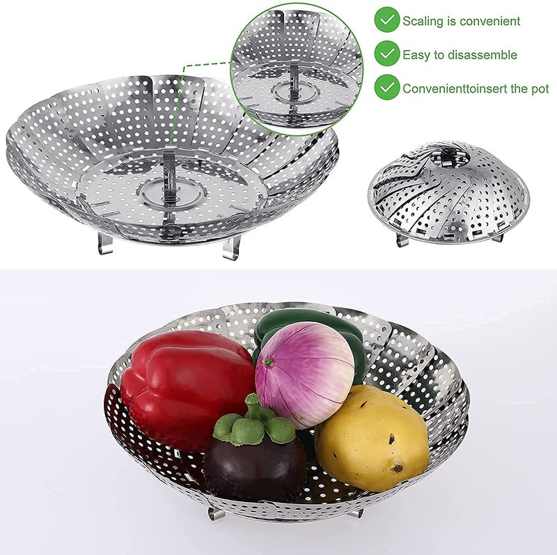 KERFORA Stainless Steel Steamer Retractable Metallic Stainless Steel Steamer Basket for VegetableInsert for Pots Pans Foldable Multipurpose Fruit Bowl Steamer SILVER 23 CM - Image 3