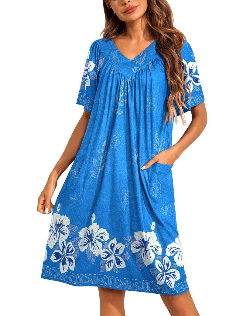 Ekouaer Moo Moos for Wommen Floral Print House Dress with Pockets Nightgown Mumu Dresses Sky Blue M - Image 1