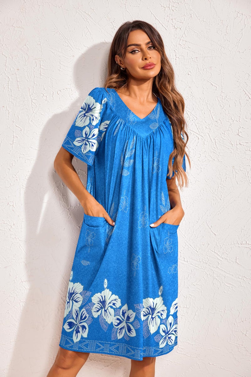 Ekouaer Moo Moos for Wommen Floral Print House Dress with Pockets Nightgown Mumu Dresses Sky Blue M - Image 4