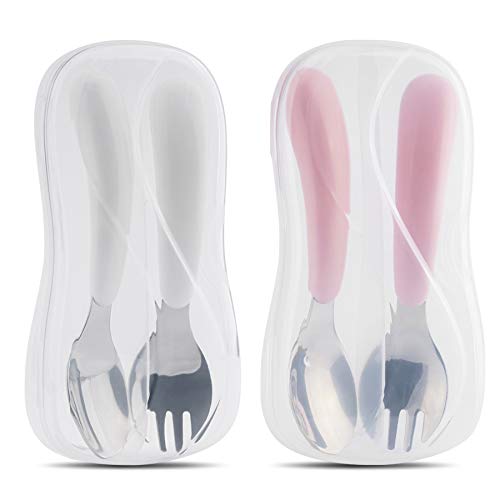 Kirecoo 2 Set Toddler Utensils, Toddler Forks and Spoons, Stainless Steel kids Silverware Set, Designed for Self Feeding Flatware Utensils with Travel Carrying Cases BPA Free (White & Pink) - Image 1