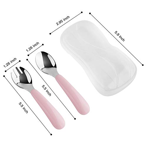 Kirecoo 2 Set Toddler Utensils, Toddler Forks and Spoons, Stainless Steel kids Silverware Set, Designed for Self Feeding Flatware Utensils with Travel Carrying Cases BPA Free (White & Pink) - Image 2