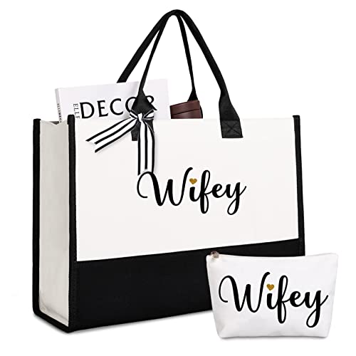 Lamyba Wifey Tote Bag with Makeup Bag, Wifey Gifts for the Bride, Bridal Shower Gifts, Black and White - Image 1