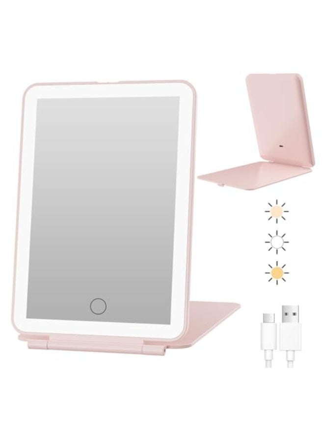 FUNTOUCH Rechargeable Travel Makeup Mirror with 72 Led Lights Portable Lighted Makeup Mirror 3 Color Lighting Dimmable Touch Screen Type C Tabletop LED Folding Cosmetic Vanity Mirror Pink - Image 1