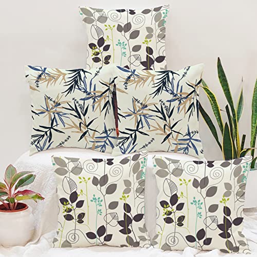 BRICK HOME Set of 5 Polycotton Printed Cushion Covers 24x24 Inches | Botanical Leaf Design | Navy Blue, Beige, Brown & Green | Soft Decorative Pillow Covers for Sofa, Couch & Living Room - Image 1
