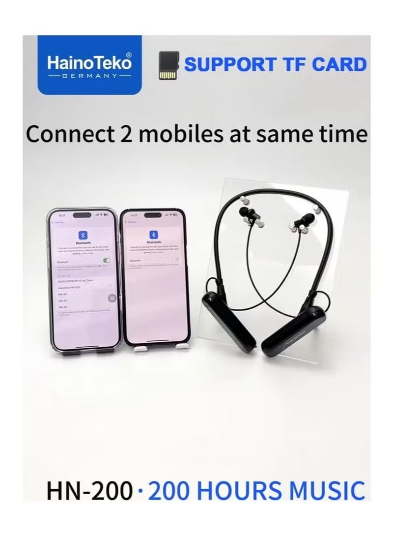 Haino Teko HN-200 Wireless Neckband Earphones | 200 Hours Music Playback | TF Card Support | Multi-Function Controls | HD Clear Mic | Black - Image 2