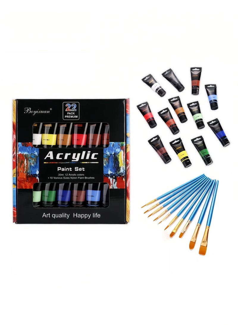 Generic Acrylic Paint Kit.22Pcs Kit. Includes 12 Rich Colors. 35 ml Per Bottle. 10 Brushes. Non-Fading High Quality Paint Suitable for Painting on Canvas, Wood, Wood, Paper, Paper, Fabric, Glass and Ceramics, Etc.  - Image 1