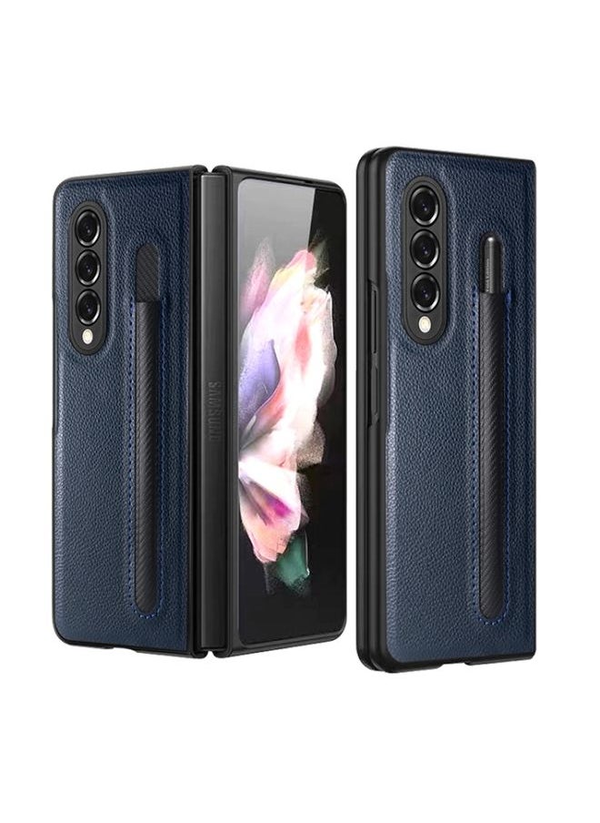 Generic Case Cover For Samsung Galaxy Z Fold 3 5G Litchi Pattern Foldable Protective Case with Pen Slot Blue 