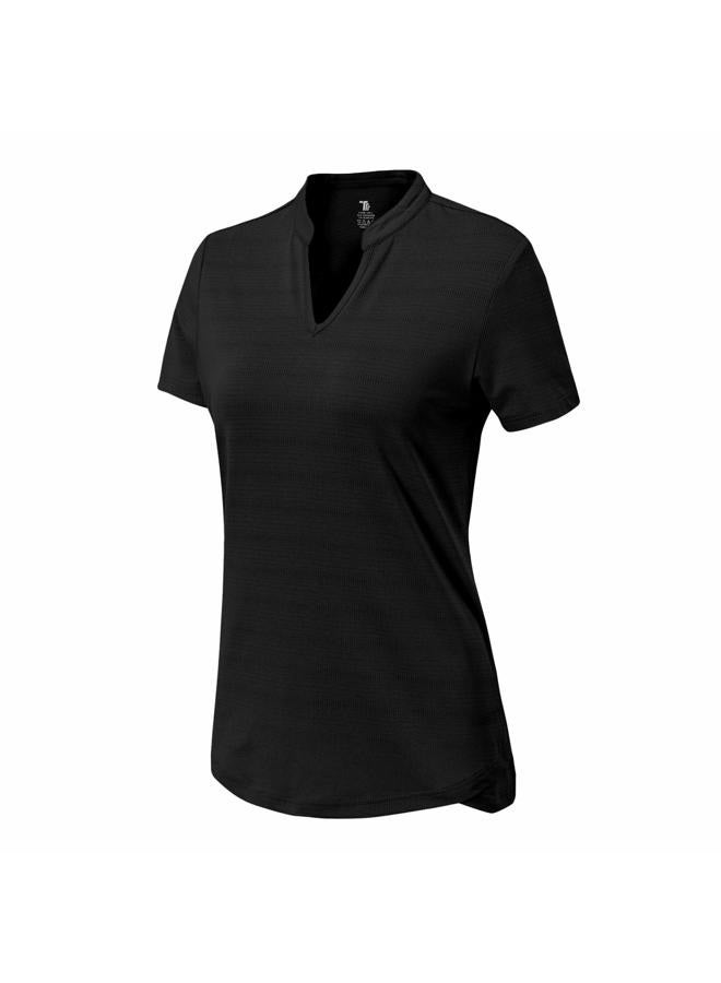 BASUDAM Women's Golf Polo Shirts V-Neck Short Sleeve Collarless Tennis Running T-Shirts Quick Dry, Black, XL - Image 1