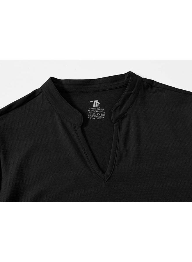 BASUDAM Women's Golf Polo Shirts V-Neck Short Sleeve Collarless Tennis Running T-Shirts Quick Dry, Black, XL - Image 4