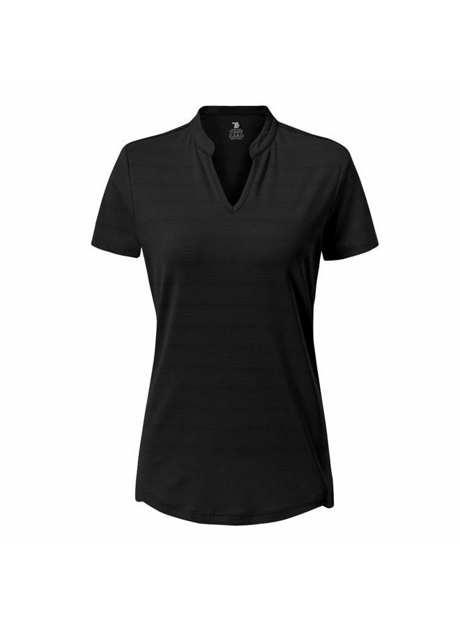 BASUDAM Women's Golf Polo Shirts V-Neck Short Sleeve Collarless Tennis Running T-Shirts Quick Dry, Black, XL - Image 2