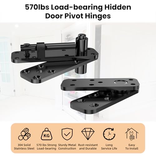 KIMSOFUNNY Hidden Door Hinge Pivot Hinge, 570LBS Load-Bearing Heavy Duty Pivot Door Hardware for Hidden Door Bookcase, Murphy Door Hinge Kit 360° Rotation Invisible Door Hinges for Secret Door (Black-2pcs) - Image 2