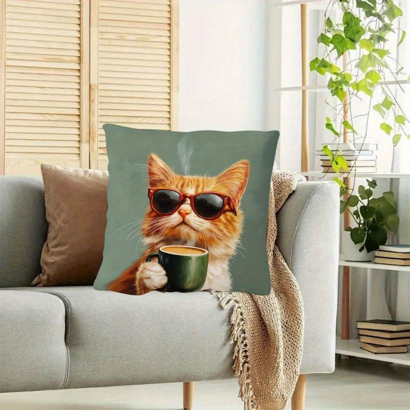 Cute Ginger Cat In Red Glasses Holding Coffee Pillow Case 18x18 Inch Orange Decor - Image 5