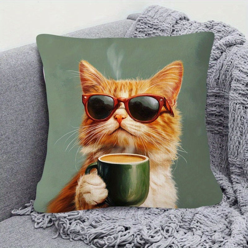 Cute Ginger Cat In Red Glasses Holding Coffee Pillow Case 18x18 Inch Orange Decor - Image 4