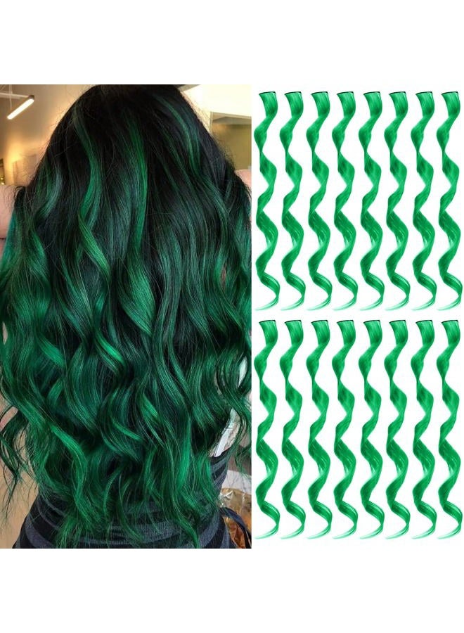 TOFAFA 16 Pcs Colored Hair Extensions Curly Wavy Clip in Synthetic Hairpiece Streak for Girls Women Kids, Multi-colors St. Patrick's Day Party Highlights Cosplay Festival Gift(Green) - Image 1