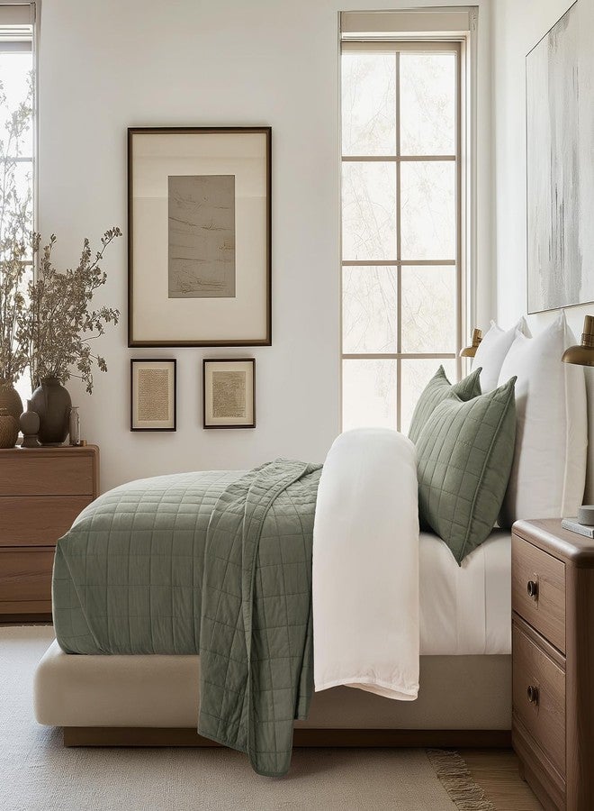 EVERGRACEHOME 100% Cotton Box Stitch Quilt Bedding Set Queen Size 3 Pieces, Garment-Washed Lightweight Soft Cozy Coverlet, Quilted Bedspread Sets with 2 Shams for All Season, Olive Green - Image 4
