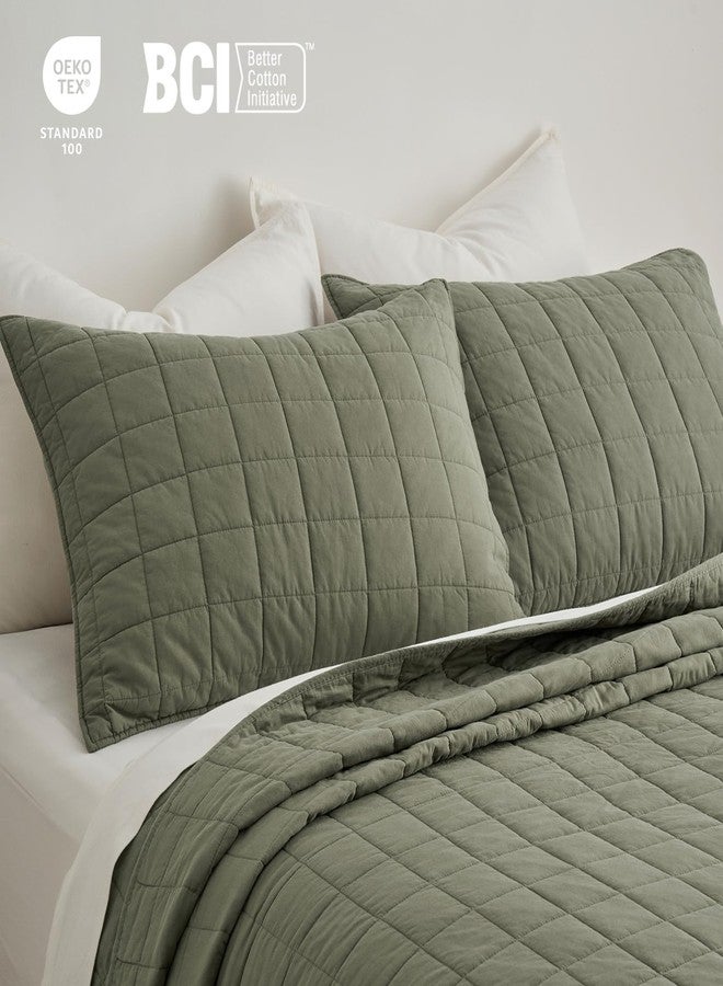 EVERGRACEHOME 100% Cotton Box Stitch Quilt Bedding Set Queen Size 3 Pieces, Garment-Washed Lightweight Soft Cozy Coverlet, Quilted Bedspread Sets with 2 Shams for All Season, Olive Green - Image 5
