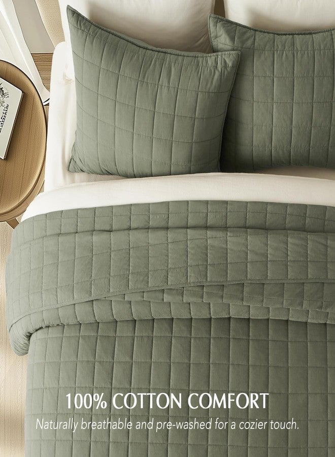 EVERGRACEHOME 100% Cotton Box Stitch Quilt Bedding Set Queen Size 3 Pieces, Garment-Washed Lightweight Soft Cozy Coverlet, Quilted Bedspread Sets with 2 Shams for All Season, Olive Green - Image 2