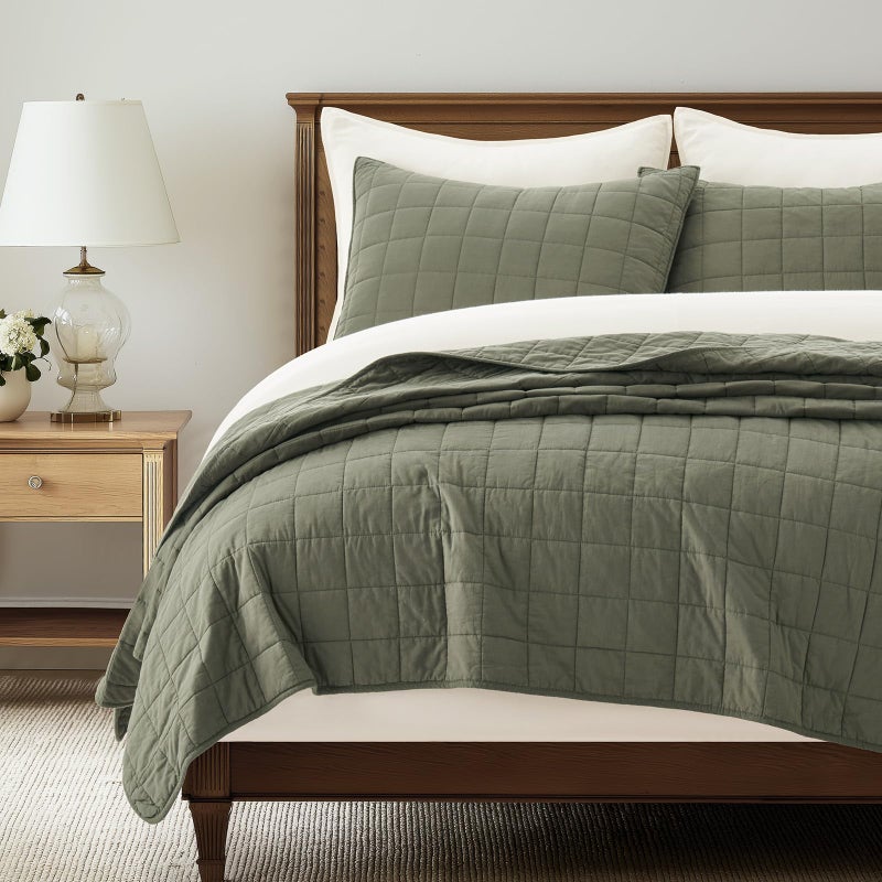 EVERGRACEHOME 100% Cotton Box Stitch Quilt Bedding Set Queen Size 3 Pieces, Garment-Washed Lightweight Soft Cozy Coverlet, Quilted Bedspread Sets with 2 Shams for All Season, Olive Green - Image 1