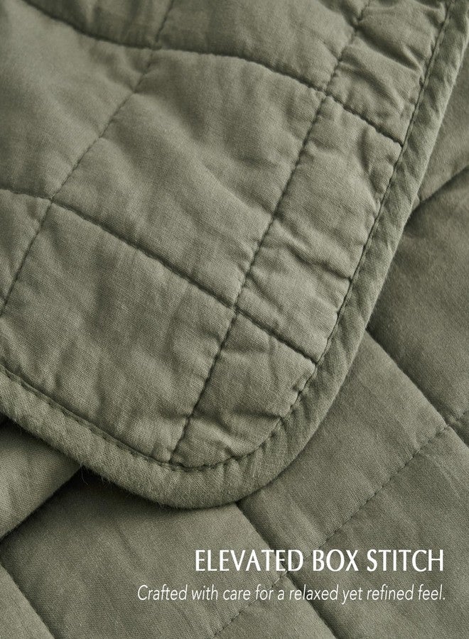 EVERGRACEHOME 100% Cotton Box Stitch Quilt Bedding Set Queen Size 3 Pieces, Garment-Washed Lightweight Soft Cozy Coverlet, Quilted Bedspread Sets with 2 Shams for All Season, Olive Green - Image 3