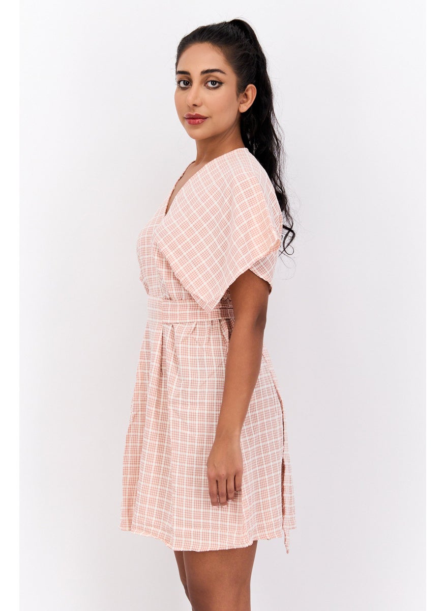 Flounce London - Women Checkered Mini Dress, Pink Combo - Image 1