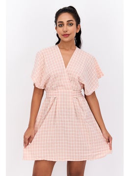 Women Checkered Mini Dress, Pink Combo
