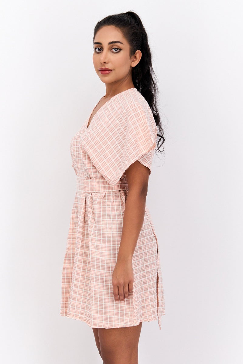 Flounce London Women Checkered Mini Dress, Pink Combo - Image 2