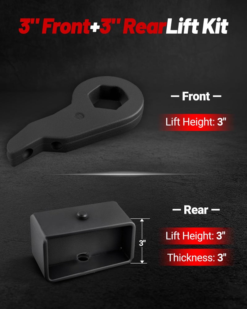 EVIL ENERGY 1-3" Front and 3" Rear Leveling Lift Kit Compatible With 1999-2007 Chevy Silverado 1500 GMC Sierra 1500 4WD, Suspension Strut Spacers, Torsion Bar Keys with Shock Extenders Brackets Black - Image 3