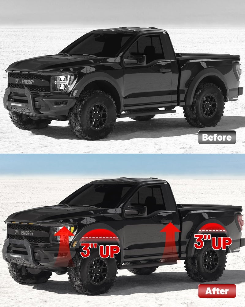 EVIL ENERGY 1-3" Front and 3" Rear Leveling Lift Kit Compatible With 1999-2007 Chevy Silverado 1500 GMC Sierra 1500 4WD, Suspension Strut Spacers, Torsion Bar Keys with Shock Extenders Brackets Black - Image 4