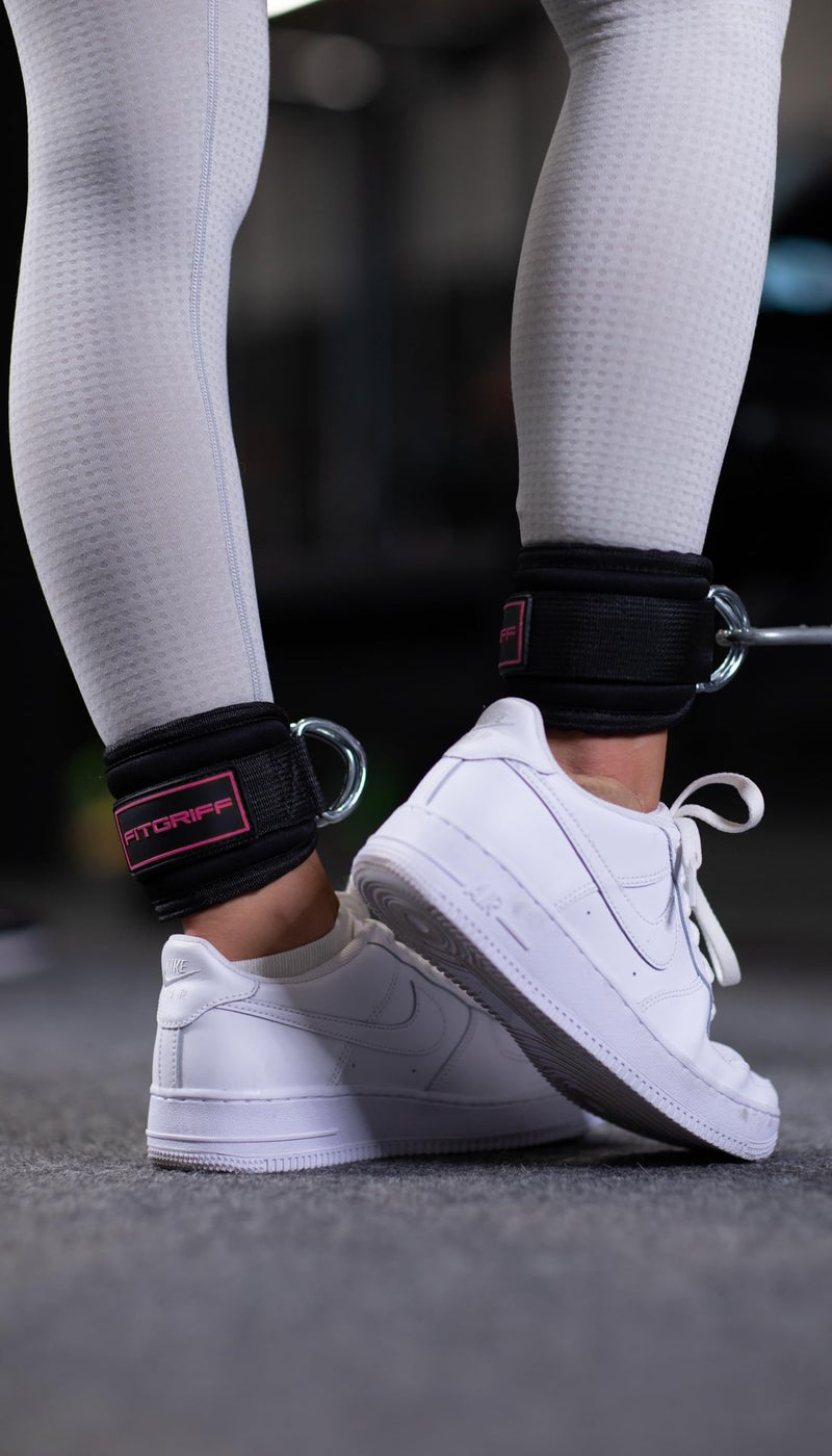 Fitgriff® Ankle Straps V3 for Cable Machine (2 Pieces) - Gym Workout Equipment - Leg Pulley Attachment, Kickback Straps (Black/Pink) - Image 2