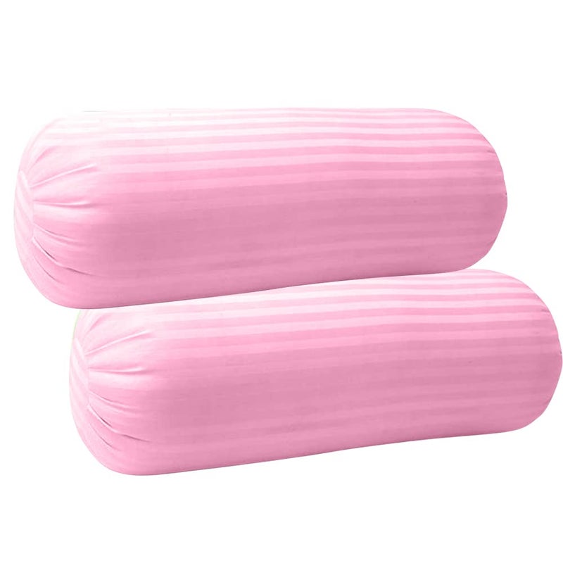 Trance Home Linen Trance Home Linen 100 Cotton 16x32 inch 200TC Striped Bolster Cover Round Bed Side Long Bolster Pillow Cover to fit 24 Length 9 Dia Pack of 2 Bolster Cover only 16x32 inchLight Pink - Image 1