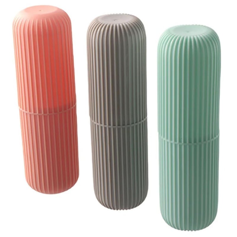 TECHNOWAYS SOLUTION Toothbrush Case Cover Holder Portable Toothbrush Storage Box Container Plastic Toothbrush Holder Capsule Shape Travel Bathroom Organizer (Pack of 3) (Blue Pink Grey) - Image 1
