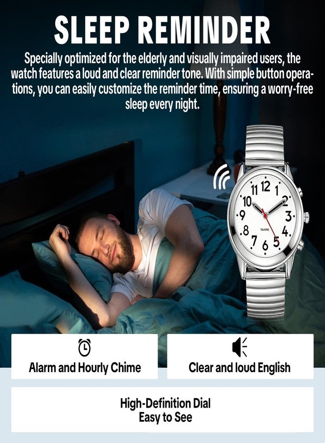 MAUJOY Clear and Loud American Accent Voice Ladies Talking Watch Speaks The Time, Date or Alarm time for Elderly, Impaired Sight or Blind. White Face-Black Numbers-Expansion Band, Sliver, Men TK8835 - Image 3