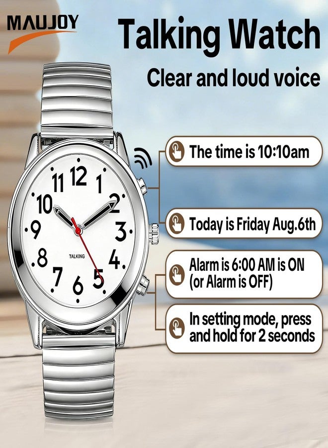 MAUJOY Clear and Loud American Accent Voice Ladies Talking Watch Speaks The Time, Date or Alarm time for Elderly, Impaired Sight or Blind. White Face-Black Numbers-Expansion Band, Sliver, Men TK8835 - Image 2
