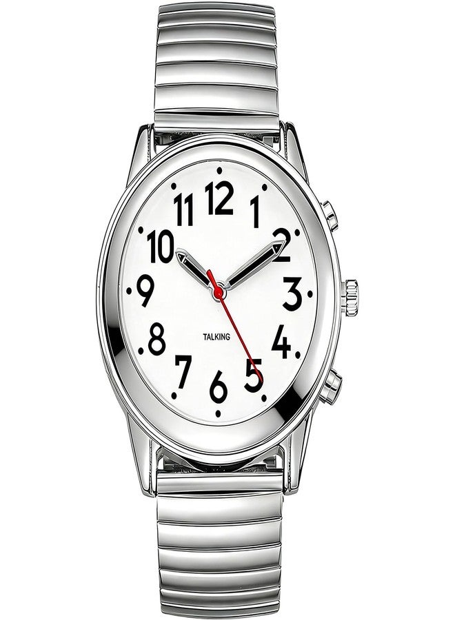 MAUJOY Clear and Loud American Accent Voice Ladies Talking Watch Speaks The Time, Date or Alarm time for Elderly, Impaired Sight or Blind. White Face-Black Numbers-Expansion Band, Sliver, Men TK8835 - Image 1