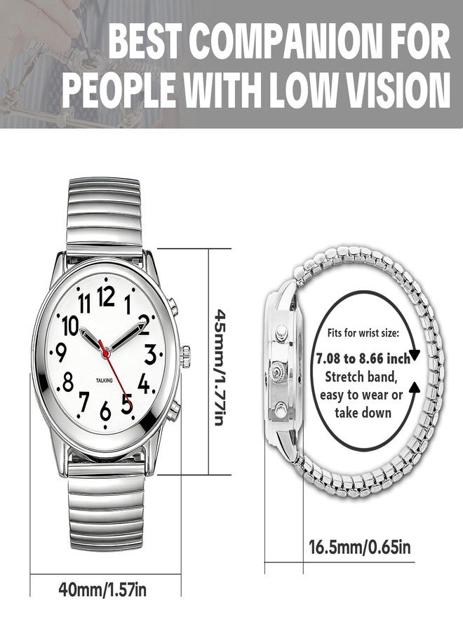 MAUJOY Clear and Loud American Accent Voice Ladies Talking Watch Speaks The Time, Date or Alarm time for Elderly, Impaired Sight or Blind. White Face-Black Numbers-Expansion Band, Sliver, Men TK8835 - Image 5
