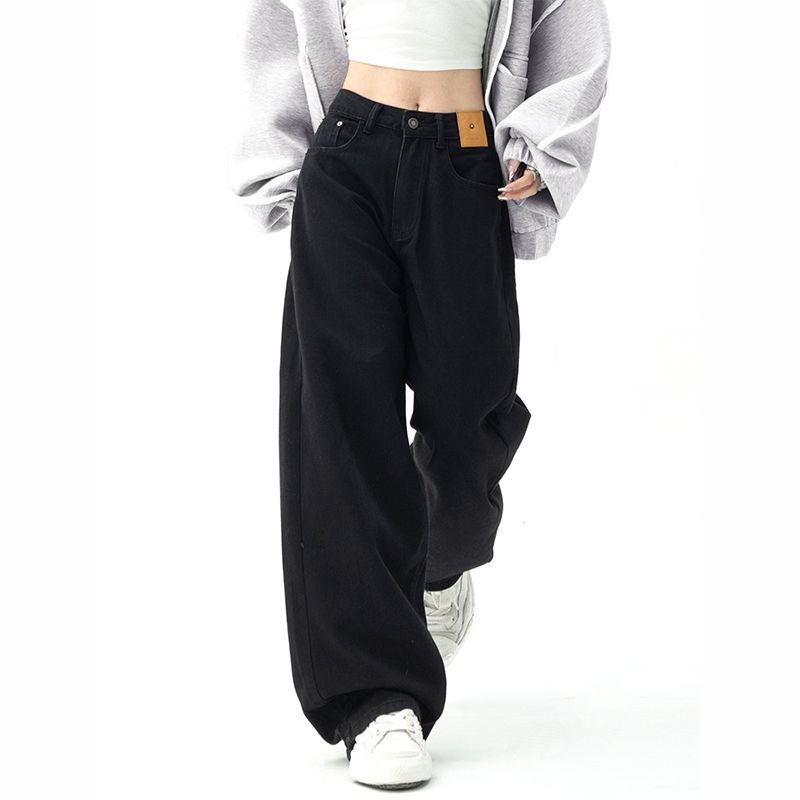 American Black Straight Casual Jeans For Women, Slimming, Loose, High-Waisted, Floor-Length Wide-Leg Pants, High Street Fashion - Image 5