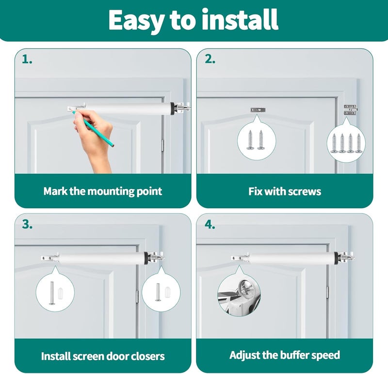OXDFK Screen and Storm Door Closer Kit, Heavy Duty Pneumatic Screen and Storm Door Closer, Screen and Storm Door Push Button Latch Set Replacement Kit, Adjust Smooth Closing Speed (White) - Image 3