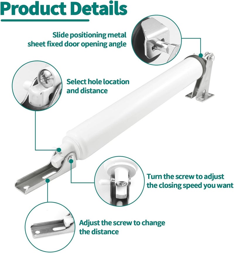 OXDFK Screen and Storm Door Closer Kit, Heavy Duty Pneumatic Screen and Storm Door Closer, Screen and Storm Door Push Button Latch Set Replacement Kit, Adjust Smooth Closing Speed (White) - Image 2