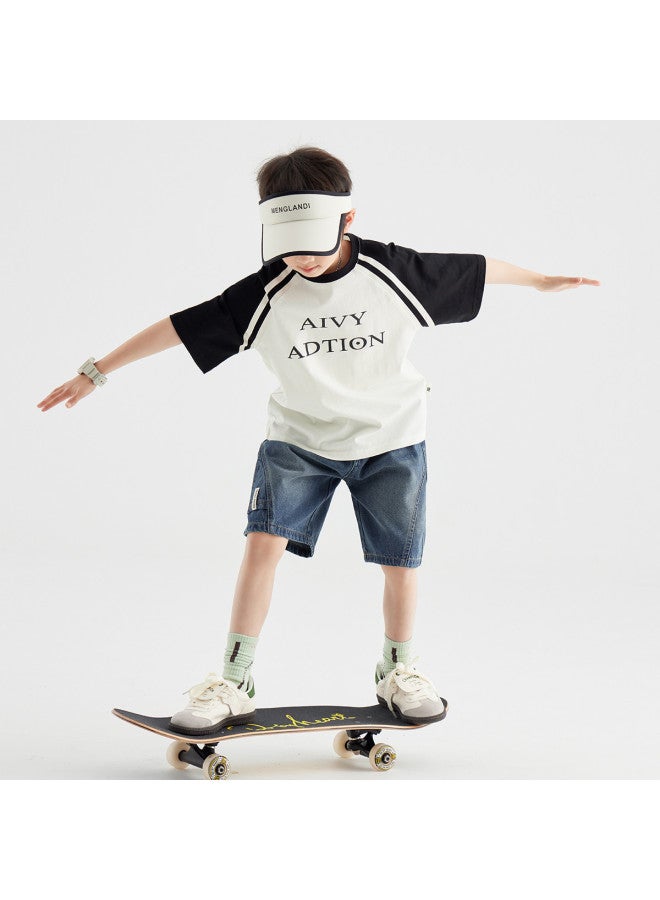 BOY تي شيرت صيفي قصير الأكمام للأطفال من القطن، مريح وقابل للتنفس، مناسب للأطفال في منتصف العمر والأكبر سناً، قمة رياضية غير رسمية متعددة الاستخدامات - Image 2