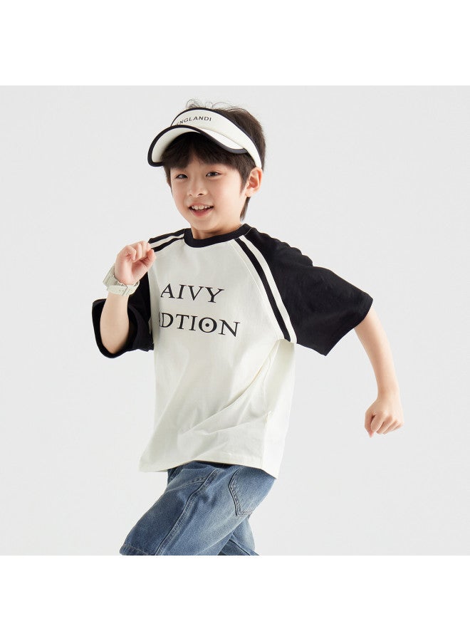 BOY تي شيرت صيفي قصير الأكمام للأطفال من القطن، مريح وقابل للتنفس، مناسب للأطفال في منتصف العمر والأكبر سناً، قمة رياضية غير رسمية متعددة الاستخدامات - Image 4