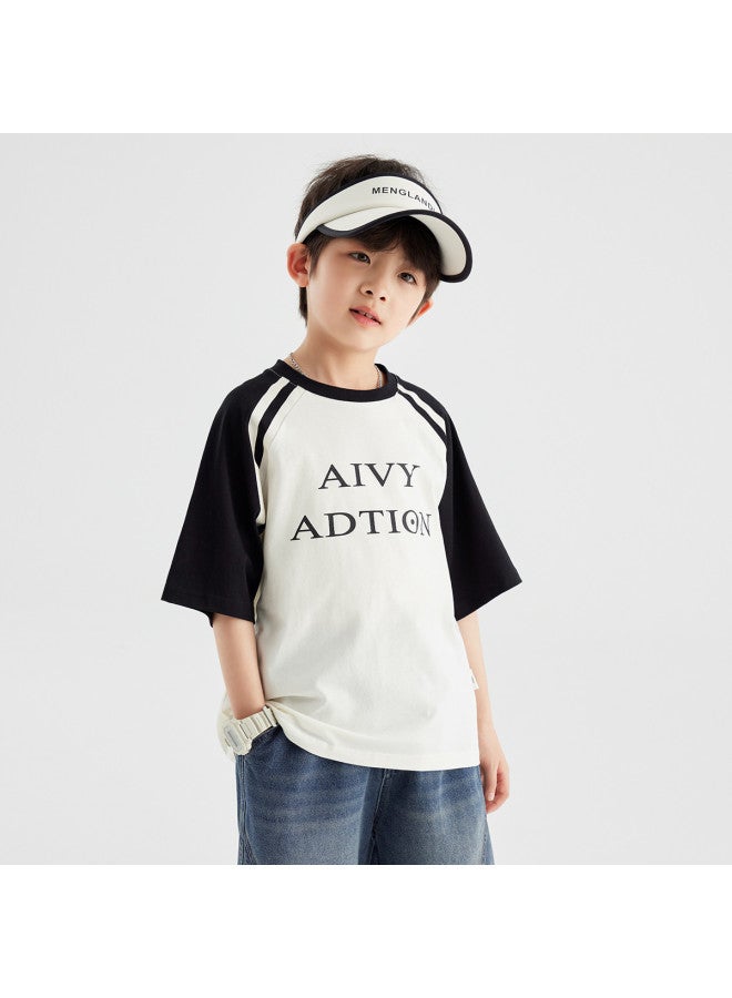 BOY تي شيرت صيفي قصير الأكمام للأطفال من القطن، مريح وقابل للتنفس، مناسب للأطفال في منتصف العمر والأكبر سناً، قمة رياضية غير رسمية متعددة الاستخدامات - Image 3