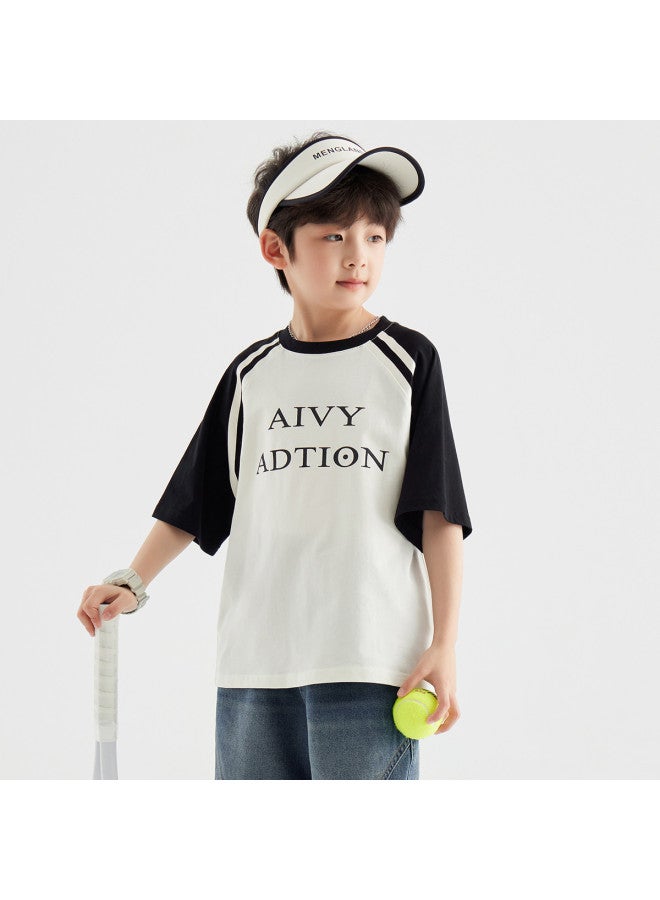 BOY تي شيرت صيفي قصير الأكمام للأطفال من القطن، مريح وقابل للتنفس، مناسب للأطفال في منتصف العمر والأكبر سناً، قمة رياضية غير رسمية متعددة الاستخدامات - Image 5