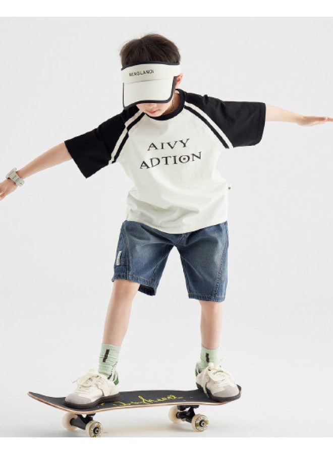 BOY تي شيرت صيفي قصير الأكمام للأطفال من القطن، مريح وقابل للتنفس، مناسب للأطفال في منتصف العمر والأكبر سناً، قمة رياضية غير رسمية متعددة الاستخدامات - Image 1