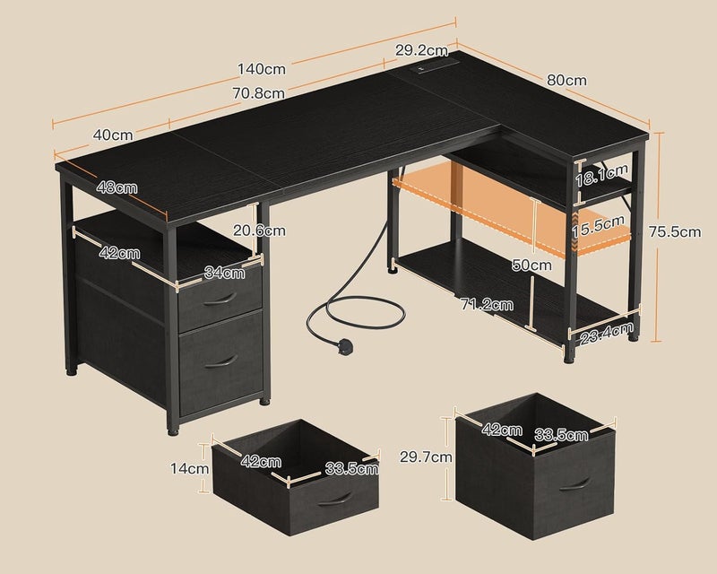 Coleshome Computer Desk with Drawers, 140×80 cm Corner Office Desk with Built-in Power Outlet, Reversible L Shaped Desk with Storage Shelves for Home Office, Black - Image 3