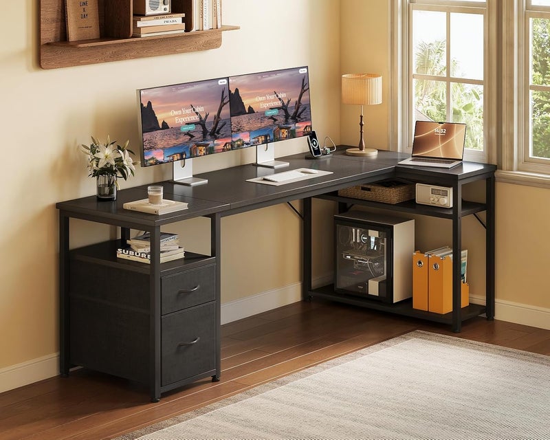 Coleshome Computer Desk with Drawers, 140×80 cm Corner Office Desk with Built-in Power Outlet, Reversible L Shaped Desk with Storage Shelves for Home Office, Black - Image 2