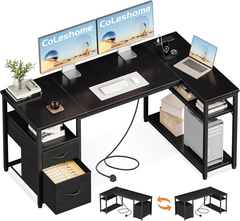 Coleshome Computer Desk with Drawers, 140×80 cm Corner Office Desk with Built-in Power Outlet, Reversible L Shaped Desk with Storage Shelves for Home Office, Black - Image 1